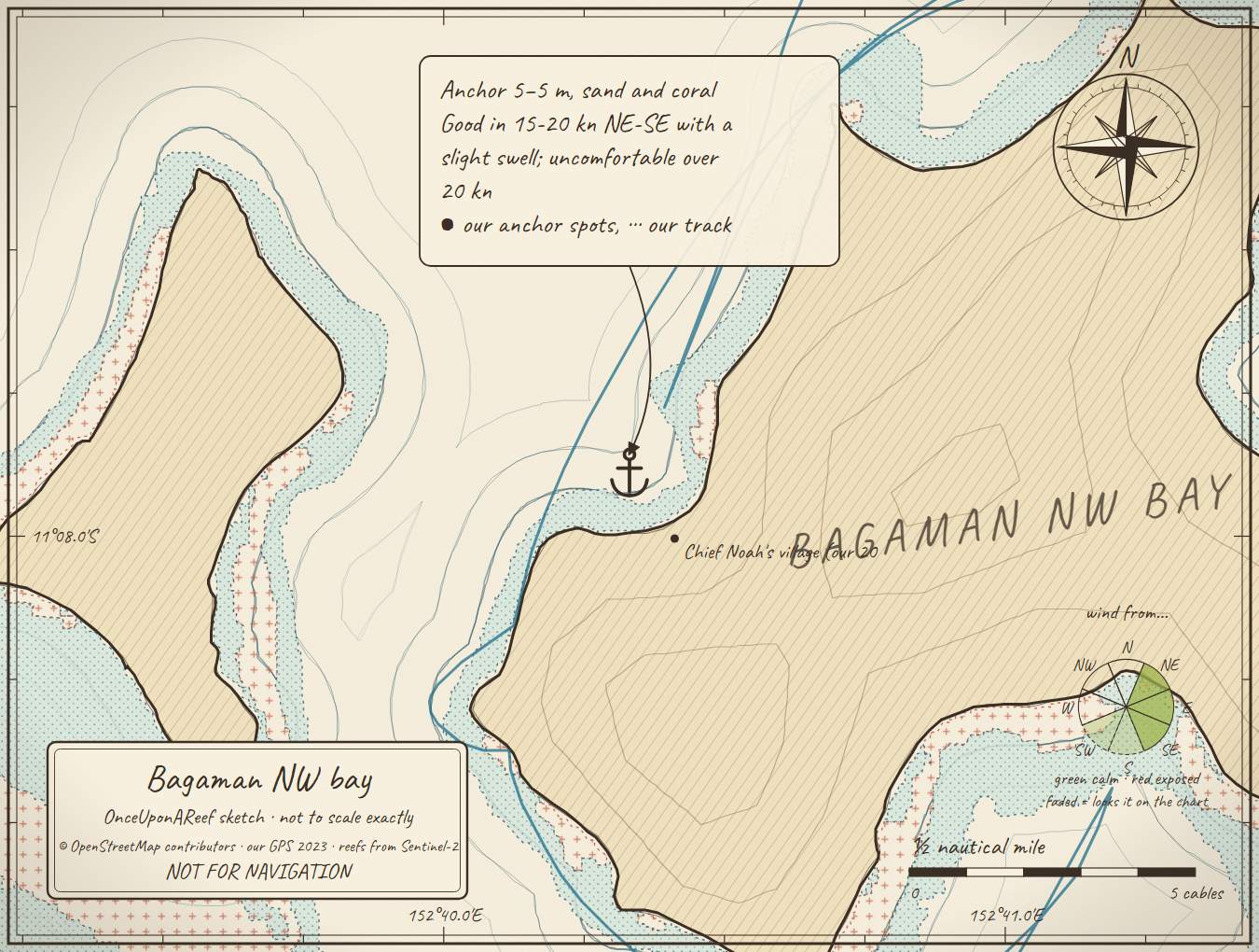 Sketch map of Bagaman NW bay - Chief Noah's village