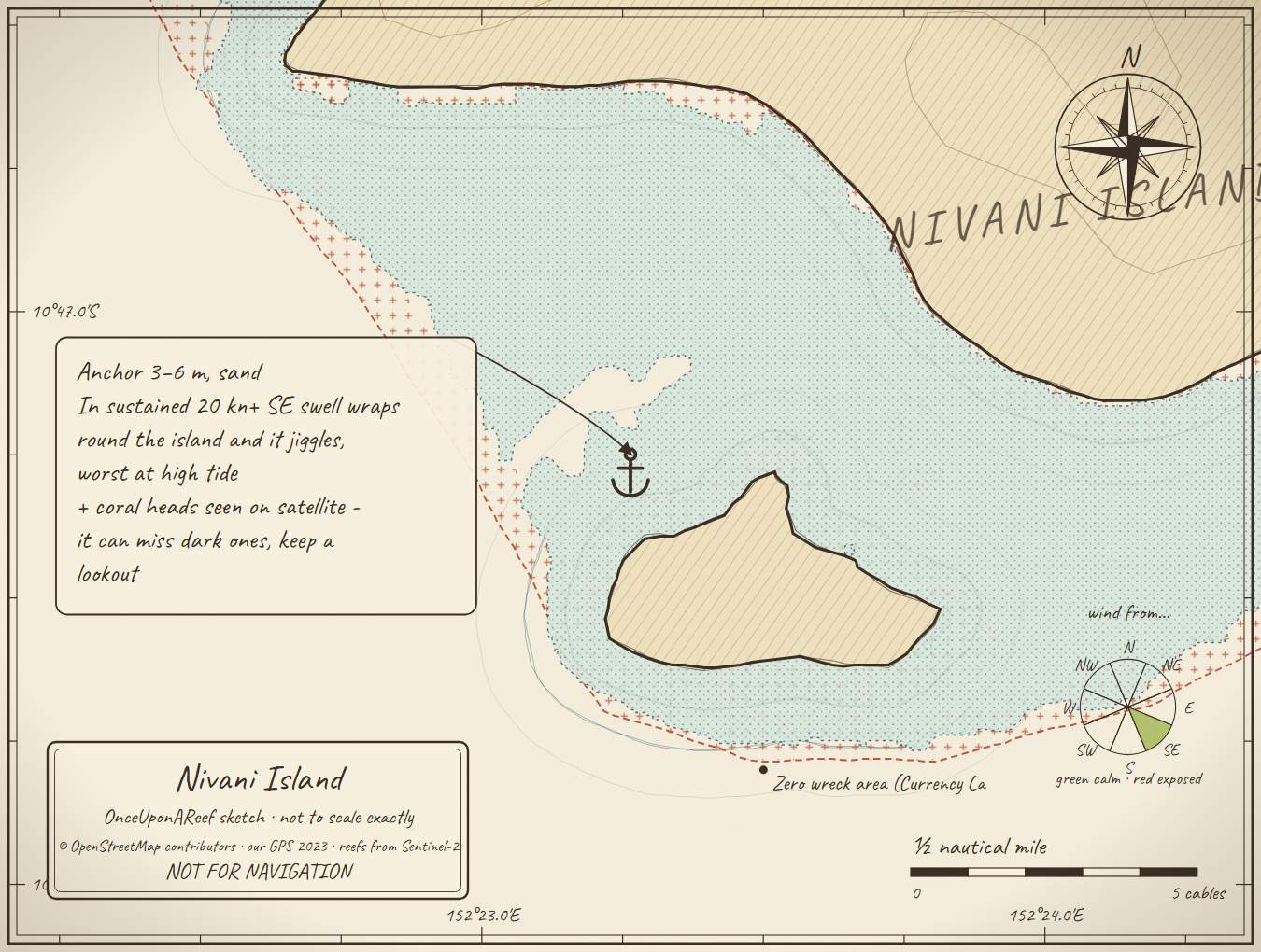 Sketch map of Nivani Island - Zero wreck anchorage