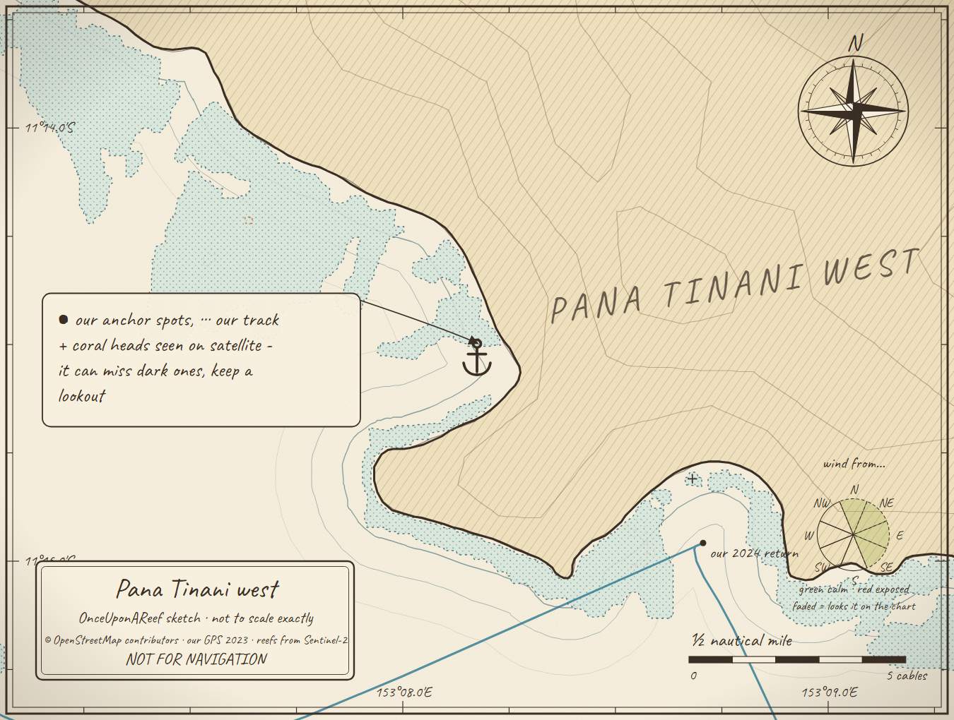 Sketch map of Pana Tinani west - calm garden bay