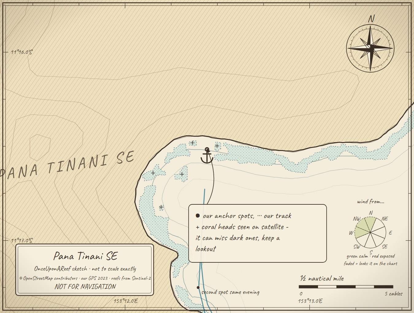 Sketch map of Pana Tinani SE - our anchorage