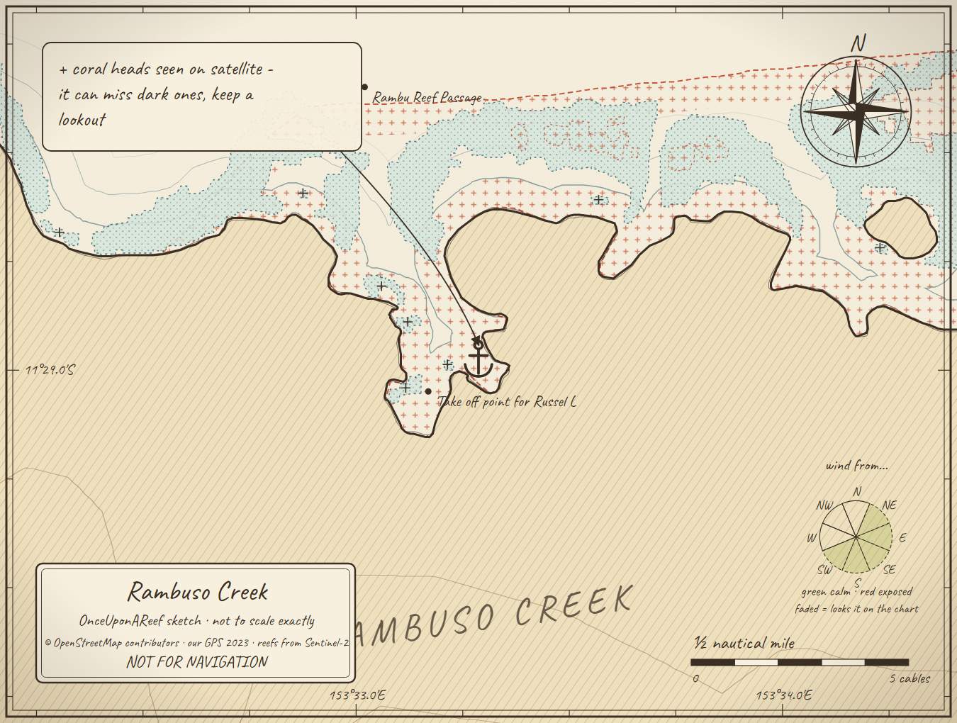 Sketch map of Rambuso Creek - jumping-off for Rossel Lagoon