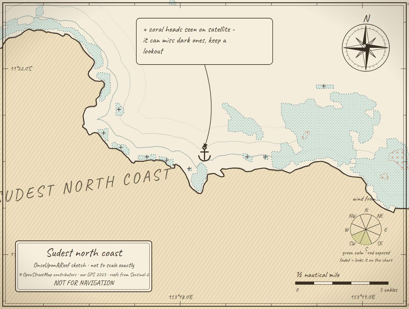Sketch map of Sudest north coast - cruiser anchorages