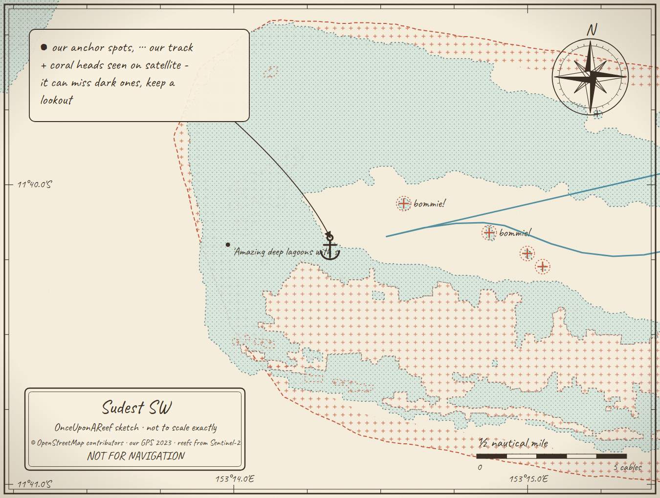 Sketch map of Sudest SW - deep lagoons with swim-throughs